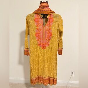 Floral Embroidered Yellow Kurta and Scarf